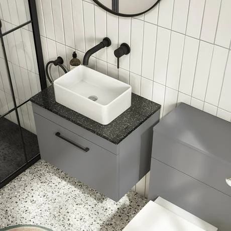 Arezzo Wall Hung Countertop Vanity Unit - Matt Grey - 600mm with Black Worktop & Matt Black Handle 4 Arezzo Wall Hung Countertop Vanity Unit - Matt Grey - 600mm with Black Worktop & Matt Black Handle - Image 4