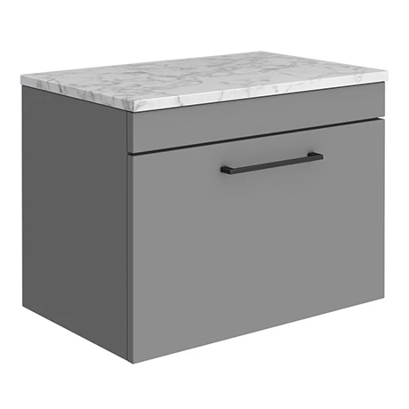 Arezzo Wall Hung Countertop Vanity Unit - Matt Grey - 600mm w. Matt White Marble Worktop & Black Handle 1 Arezzo Wall Hung Countertop Vanity Unit - Matt Grey - 600mm w. Matt White Marble Worktop & Black Handle