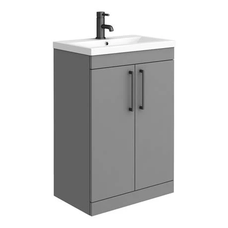Arezzo Grey Floor Standing Vanity Unit, Tall Cabinet + Toilet Pack with Black Handles 2 Arezzo Grey Floor Standing Vanity Unit, Tall Cabinet + Toilet Pack with Black Handles - Image 2