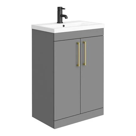 Arezzo Grey Floor Standing Vanity Unit, Tall Cabinet + Toilet Pack with Brass Handles 2 Arezzo Grey Floor Standing Vanity Unit, Tall Cabinet + Toilet Pack with Brass Handles - Image 2