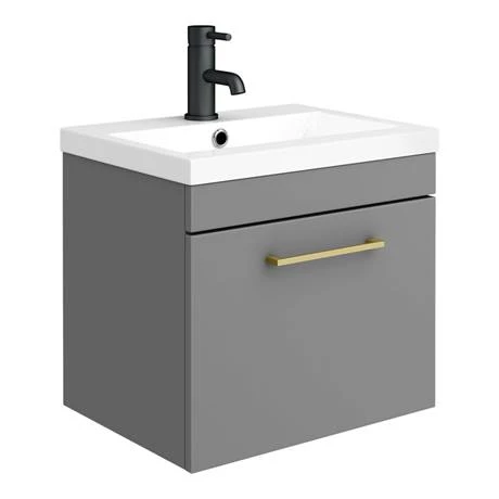 Arezzo Grey Wall Hung Sink Vanity Unit + Toilet Package with Brass Handle 2 Arezzo Grey Wall Hung Sink Vanity Unit + Toilet Package with Brass Handle - Image 2