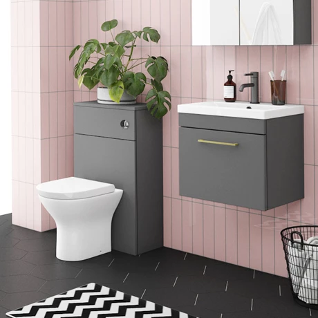 Arezzo Grey Wall Hung Sink Vanity Unit + Toilet Package with Brass Handle 1 Arezzo Grey Wall Hung Sink Vanity Unit + Toilet Package with Brass Handle
