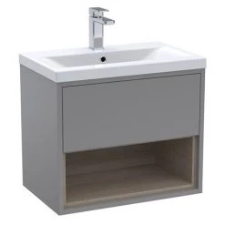 Arezzo Senza 600mm Matt Grey / Vicenza Oak Wall Hung Vanity Unit with Open Shelf + Ceramic Basin -Arezzo Bathroom Furniture Shop AZGREVO6 D1A 460