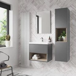 Arezzo Senza 600mm Matt Grey / Vicenza Oak Wall Hung Vanity Unit with Open Shelf + Ceramic Basin -Arezzo Bathroom Furniture Shop AZGREVO6 D2A 460