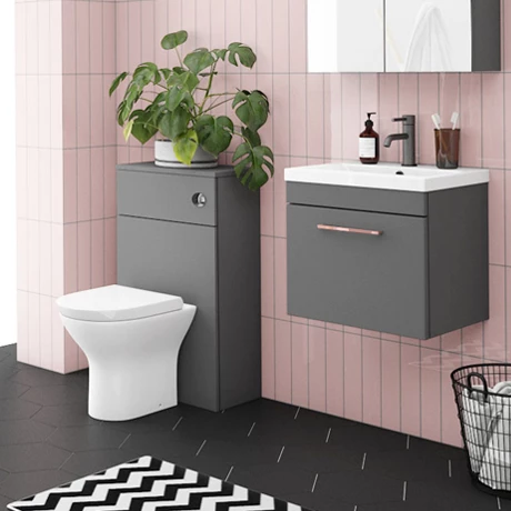Arezzo Grey Wall Hung Sink Vanity Unit + Toilet Package with Rose Gold Handle 1 Arezzo Grey Wall Hung Sink Vanity Unit + Toilet Package with Rose Gold Handle