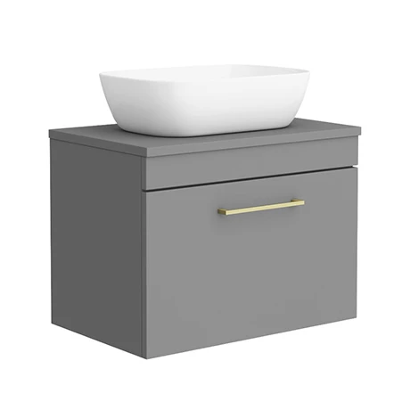 Arezzo Wall Hung Countertop Basin Unit - Grey with Brushed Brass Handle - 600mm inc. Basin 1 Arezzo Wall Hung Countertop Basin Unit - Grey with Brushed Brass Handle - 600mm inc. Basin