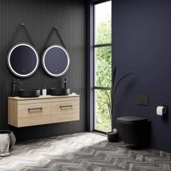 Arezzo Rustic Oak Wall Hung Double Countertop Vanity incl. 2 Matt Black Basins (1200mm w. Black Handles) -Arezzo Bathroom Furniture Shop AZOWHMB12RBB d4 460