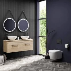 Arezzo Rustic Oak Wall Hung Double Countertop Vanity Unit incl. 2 Basins (1200mm w. Matt Black Handles) -Arezzo Bathroom Furniture Shop AZOWHMB12RB d6 460