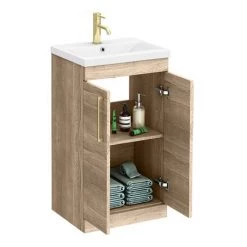 Arezzo Floor Standing Vanity Unit - Rustic Oak - 500mm with Brushed Brass Handles -Arezzo Bathroom Furniture Shop AZRO5FSVBB d2 460