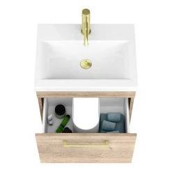 Arezzo Wall Hung Vanity Unit - Rustic Oak - 500mm with Brushed Brass Handle -Arezzo Bathroom Furniture Shop AZRO5WHVBB d2 460