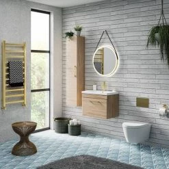 Arezzo Wall Hung Vanity Unit - Rustic Oak - 500mm with Brushed Brass Handle -Arezzo Bathroom Furniture Shop AZRO5WHVBB d4 460