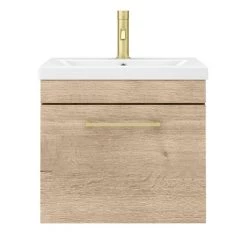 Arezzo Wall Hung Vanity Unit - Rustic Oak - 500mm with Brushed Brass Handle -Arezzo Bathroom Furniture Shop AZRO5WHVBB d5 460