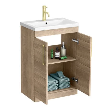 Arezzo Floor Standing Vanity Unit - Rustic Oak - 600mm with Brushed Brass Handles 3 Arezzo Floor Standing Vanity Unit - Rustic Oak - 600mm with Brushed Brass Handles - Image 3