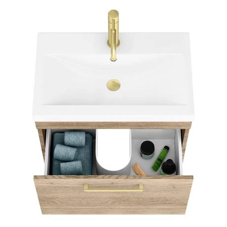 Arezzo Wall Hung Vanity Unit - Rustic Oak - 600mm with Brushed Brass Handle 3 Arezzo Wall Hung Vanity Unit - Rustic Oak - 600mm with Brushed Brass Handle - Image 3