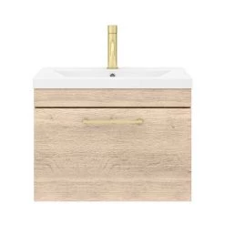 Arezzo Wall Hung Vanity Unit - Rustic Oak - 600mm with Brushed Brass Handle 11 Arezzo Wall Hung Vanity Unit - Rustic Oak - 600mm with Brushed Brass Handle -Arezzo Bathroom Furniture Shop AZRO6WHVBB d4 460