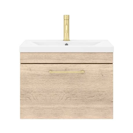 Arezzo Wall Hung Vanity Unit - Rustic Oak - 600mm with Brushed Brass Handle 6 Arezzo Wall Hung Vanity Unit - Rustic Oak - 600mm with Brushed Brass Handle - Image 6