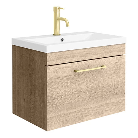 Arezzo Wall Hung Vanity Unit - Rustic Oak - 600mm with Brushed Brass Handle 1 Arezzo Wall Hung Vanity Unit - Rustic Oak - 600mm with Brushed Brass Handle