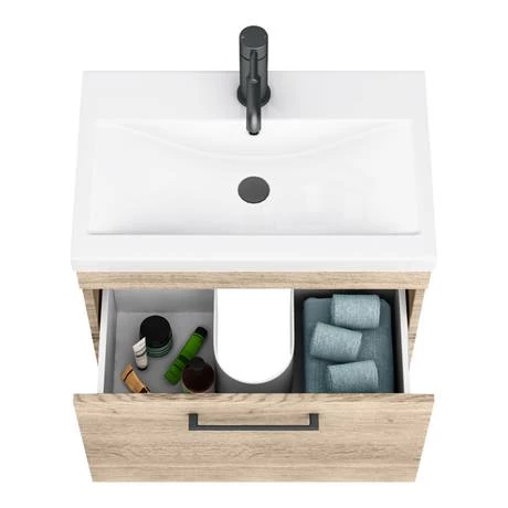 Arezzo Wall Hung Vanity Unit - Rustic Oak - 600mm with Matt Black Handle 4 Arezzo Wall Hung Vanity Unit - Rustic Oak - 600mm with Matt Black Handle - Image 4