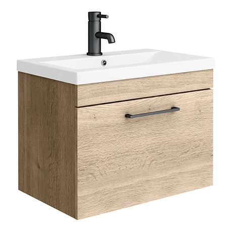 Arezzo Wall Hung Vanity Unit - Rustic Oak - 600mm with Matt Black Handle 1 Arezzo Wall Hung Vanity Unit - Rustic Oak - 600mm with Matt Black Handle