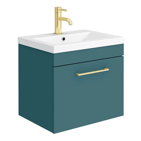 Arezzo Wall Hung Vanity Unit - Matt Green - 500mm 1-Drawer with Brushed Brass Handle 1 Arezzo Wall Hung Vanity Unit - Matt Green - 500mm 1-Drawer with Brushed Brass Handle