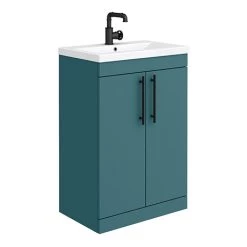 Arezzo Floor Standing Vanity Unit - Matt Green - 600mm with Industrial Style Matt Black Handles