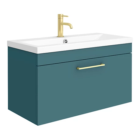 Arezzo Wall Hung Vanity Unit - Matt Green - 800mm with Brushed Brass Handle 1 Arezzo Wall Hung Vanity Unit - Matt Green - 800mm with Brushed Brass Handle