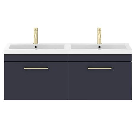 Arezzo Matt Blue Wall Hung Double Basin Vanity Unit (1205mm w. Brushed Brass Handles) 3 Arezzo Matt Blue Wall Hung Double Basin Vanity Unit (1205mm w. Brushed Brass Handles) - Image 3