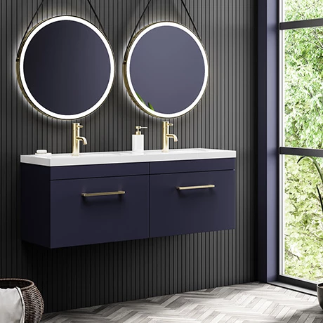 Arezzo Matt Blue Wall Hung Double Basin Vanity Unit (1205mm w. Brushed Brass Handles) 1 Arezzo Matt Blue Wall Hung Double Basin Vanity Unit (1205mm w. Brushed Brass Handles)