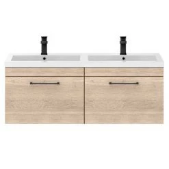 Arezzo Rustic Oak Wall Hung Double Basin Vanity Unit (1205mm w. Matt Black Handles) -Arezzo Bathroom Furniture Shop AZWH12OMBR1D d2 460
