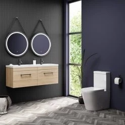 Arezzo Rustic Oak Wall Hung Double Basin Vanity Unit (1205mm w. Matt Black Handles) -Arezzo Bathroom Furniture Shop AZWH12OMBR1D d4 460
