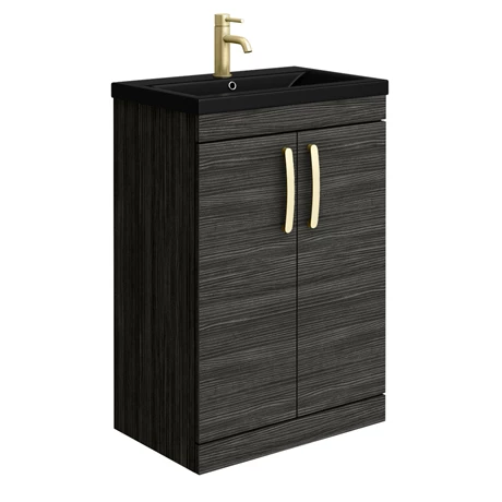 Brooklyn 600mm Black Floor Standing Vanity Unit with Matt Black Basin + Brass Handles 1 Brooklyn 600mm Black Floor Standing Vanity Unit with Matt Black Basin + Brass Handles
