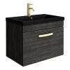 Brooklyn 600mm Black Wall Hung 1-Drawer Vanity Unit with Matt Black Basin + Brass Handle