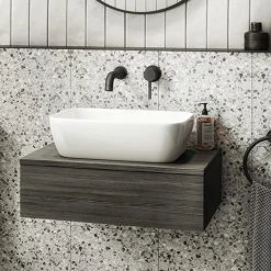 Brooklyn Floating Basin Shelf with Drawer - Black - 600mm incl. Curved Rectangular Basin