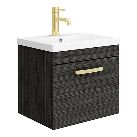 Brooklyn 500mm Black Wall Hung 1-Drawer Vanity Unit with Brushed Brass Handle 1 Brooklyn 500mm Black Wall Hung 1-Drawer Vanity Unit with Brushed Brass Handle