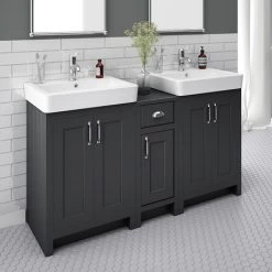 Chatsworth Traditional Graphite Double Basin Vanity + Cupboard Combination Unit