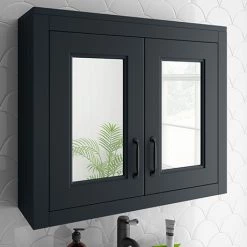 Chatsworth Graphite 2-Door Mirror Cabinet - 690mm Wide with Matt Black Handles