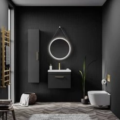 Arezzo 500 Matt Black Wall Hung 1-Drawer Vanity Unit with Brushed Brass Handle -Arezzo Bathroom Furniture Shop Soft Black Lifestyle 02 460 1